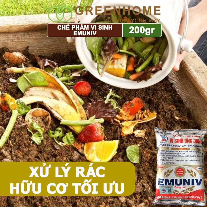 Chế Phẩm Vi Sinh EM Greenhome, Emuniv, Gói 200gr, Dùng Ủ Phân Bón Hữu Cơ, Xử Lý Rác Thải Gia Đình, Phân Huỷ Nhanh