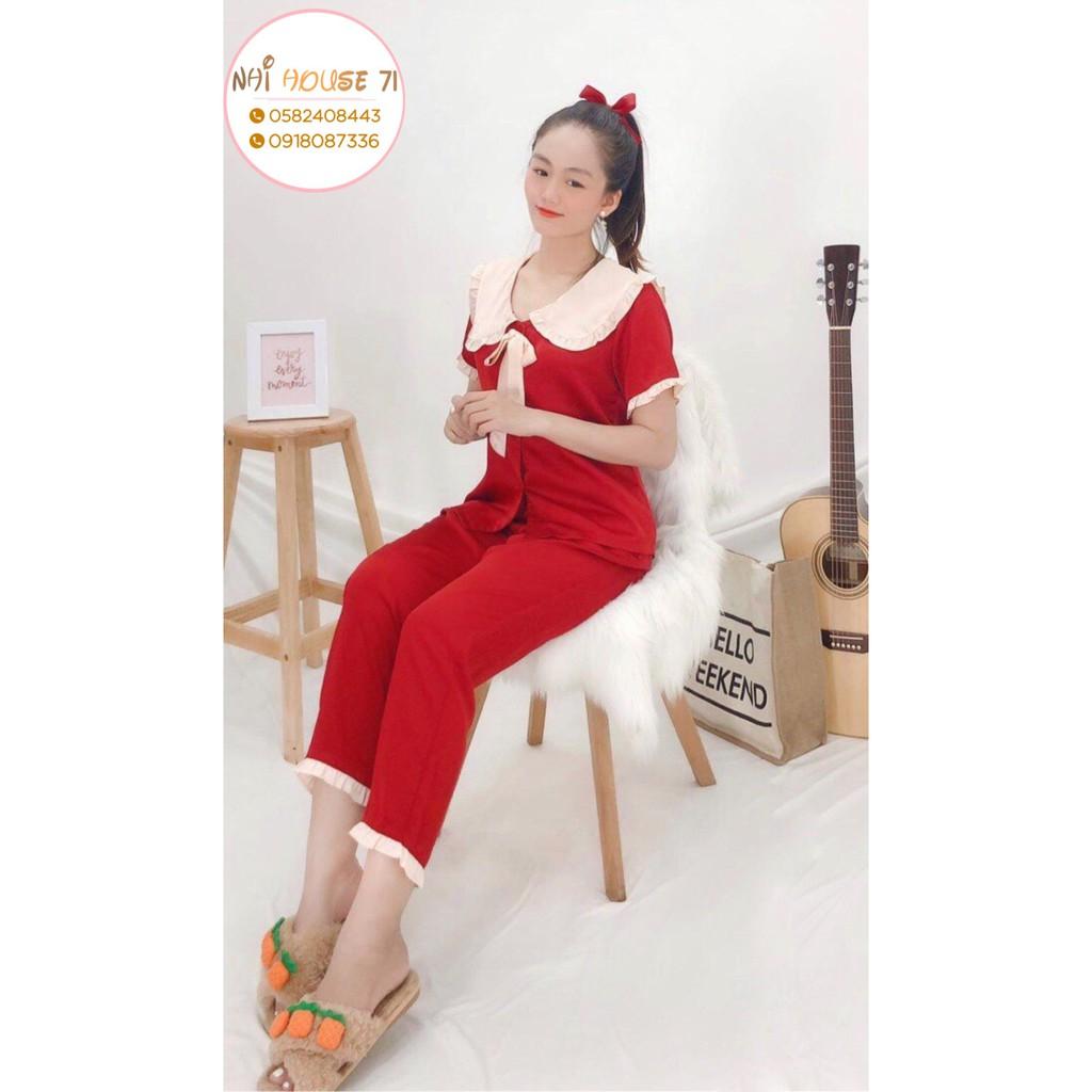 Bộ lụa Pijama NHIHOUSE71 Bộ Quần Dài Tay Ngăn Lụa Satin Tiểu Thư Cổ Phối Bèo Nơ Freesize 45-58kg