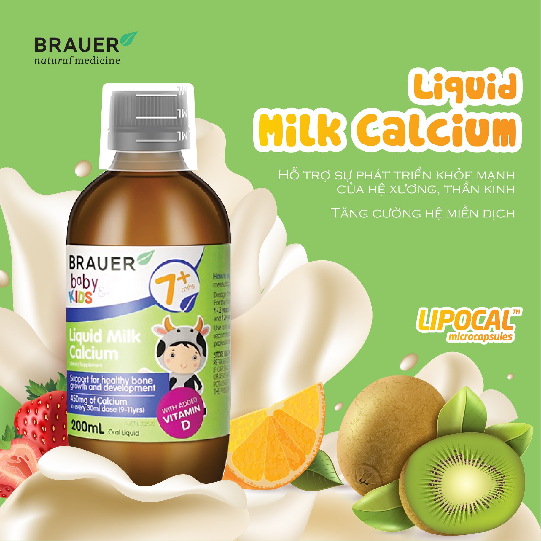 Canxi sữa và Vitamin D cho bé từ 7 tháng Brauer Liquid Milk Calcium Úc tăng chiều cao, phát triển xương, răng, ngủ ngon - Massel Official - 200ml/lọ