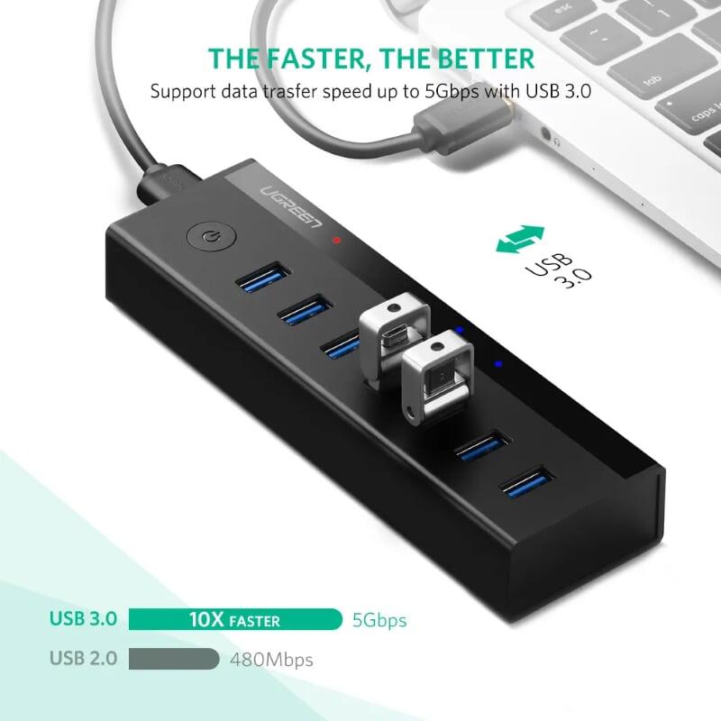 Ugreen UG30845US219TK Màu Đen Bộ chia HUB USB 3.0 sang 7 USB 3.0 hỗ trợ nguồn cao cấp - HÀNG CHÍNH HÃNG