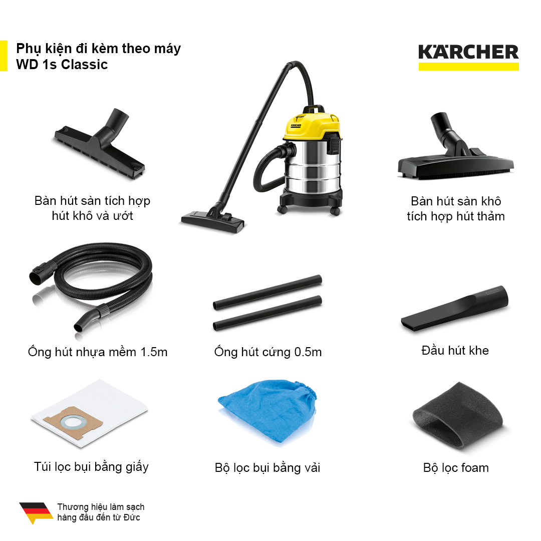 Máy hút bụi đa năng khô và ướt Karcher chính hãng WD 1s Classic công suất 1300W dung tích 18l thép không gỉ (Hàng chính hãng)