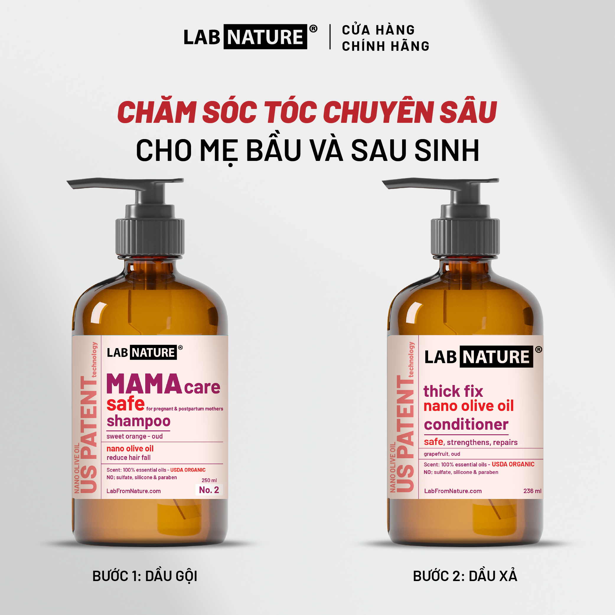 Combo Dầu Gội và Dầu Xả Ngăn rụng tóc cho mẹ bầu và sau sinh LAB NATURE No.2 - công nghệ Nano Olive Oil