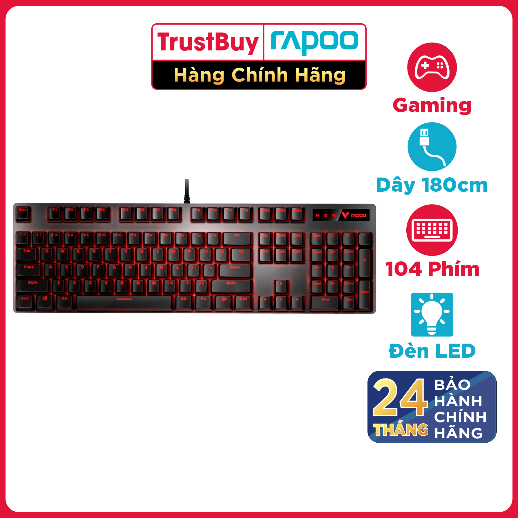 Bàn Phím Gaming Cơ RAPOO Đèn LED Đỏ, Kháng Nước IP68, Dây Nylon Dù - V580 - Hàng Chính Hãng