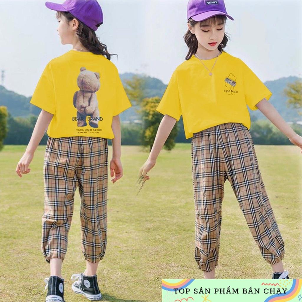 Set bộ thể thao bé gái size đại áo in gấu thun cotton quần caro bo lai cá tính mềm mát cho bé 10-50kg