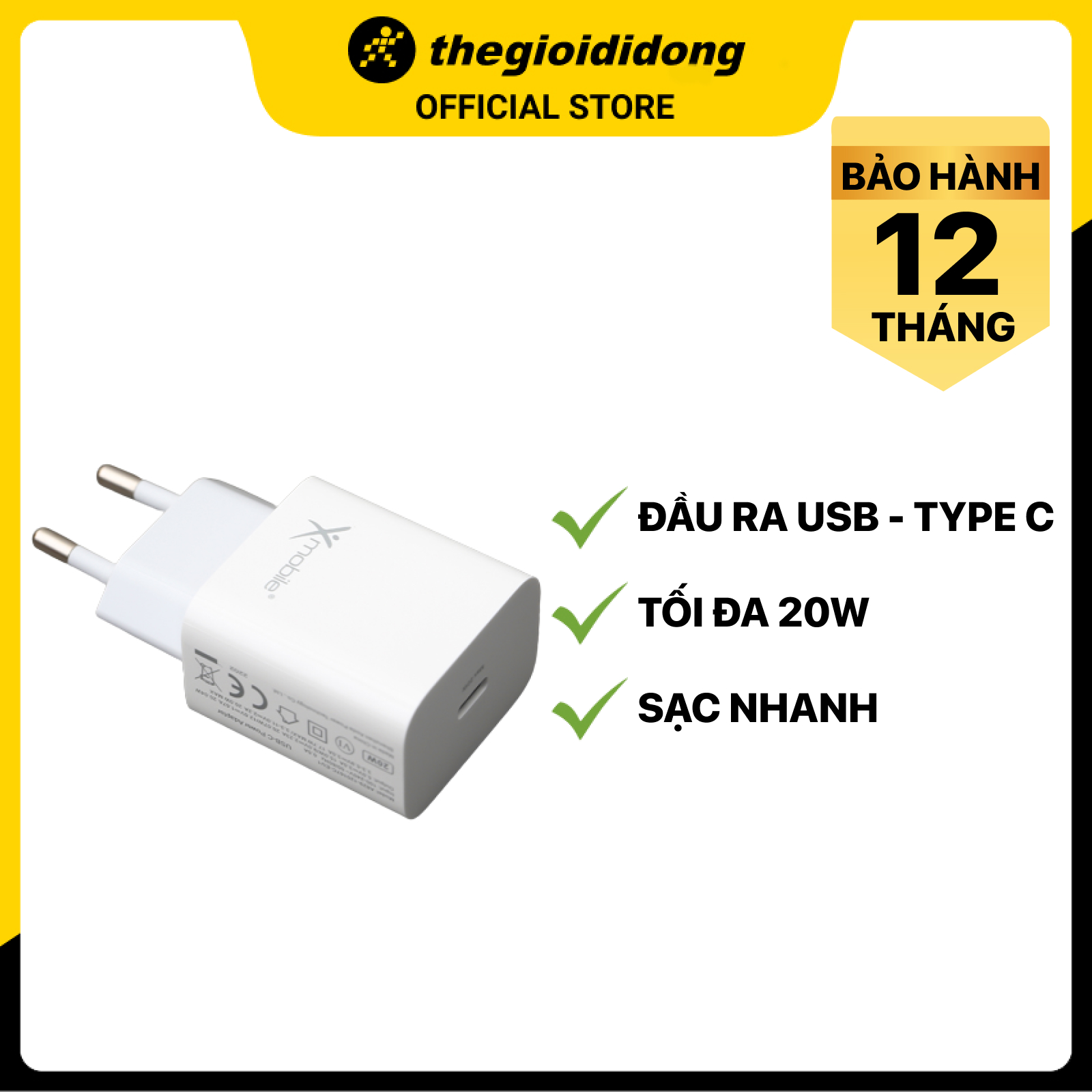 Adapter Sạc Type C PD 20W Xmobile A829 Trắng - Hàng chính hãng