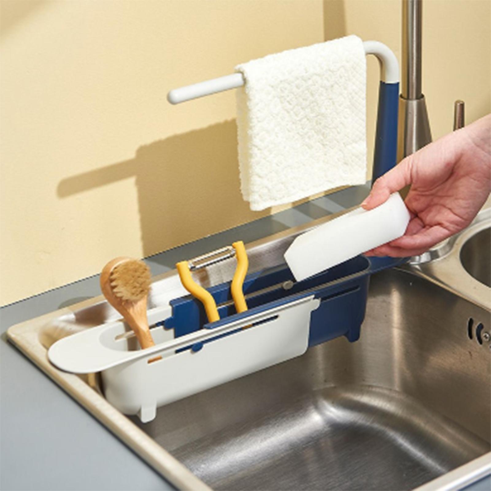 Kitchen Sink Holder, Sink Retractable Drain Rack, Dish Cloth Hanger, Towel Sponge Organizer Rack for Home Kitchen