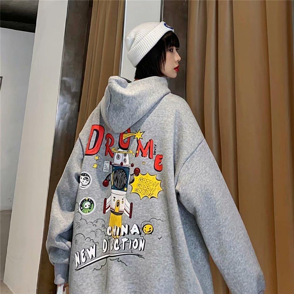 Áo hoodie tay dài dáng rộng in hình tên lửa gồm 3 màu sắc