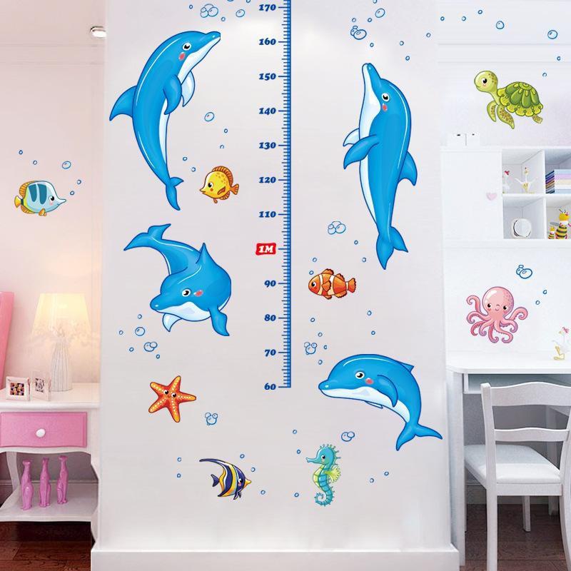 Decal dán tường đo chiều cao cá heo xanh 01
