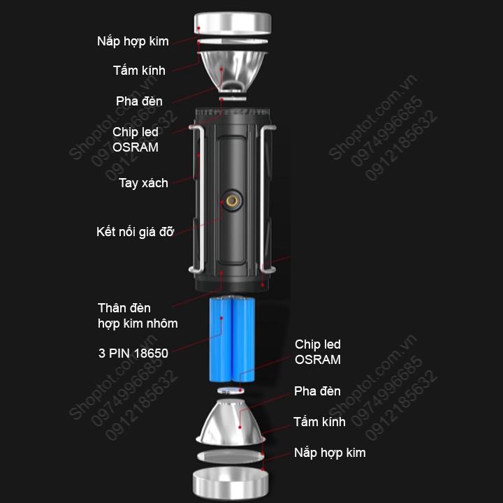 Đèn pin led câu cá D05, 01 đầu ánh sáng xanh chuyên dẫn dụ cá, 1 đầu ánh sáng trắng chiếu sáng, kèm giá đỡ đèn