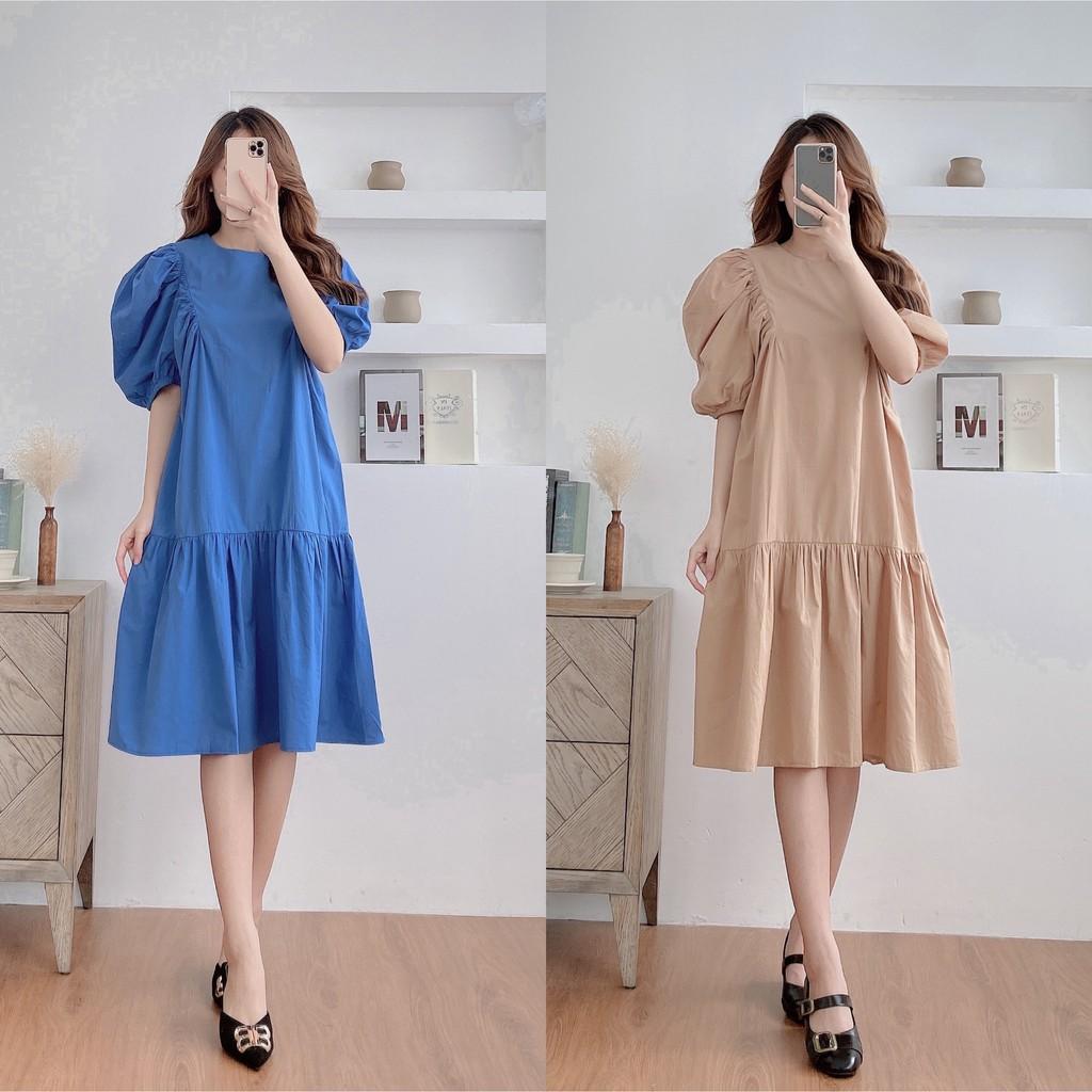Váy suông dúm vai tay tạo phồng, kèm tag nơ, đầm xuông bầu rộng freesize phối đuôi cá 2 màu mã V177 - Michi's House