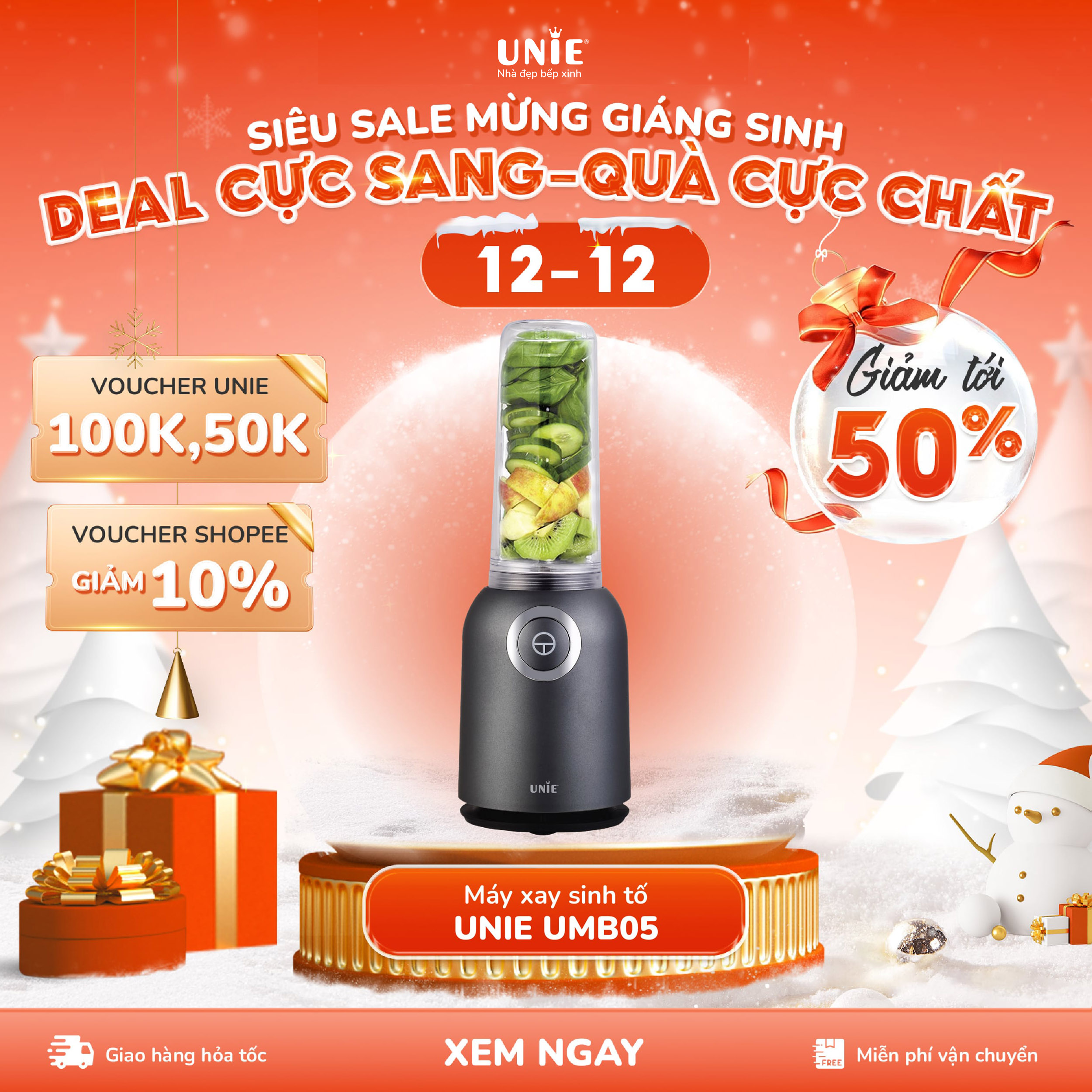 Máy Xay Sinh Tố UNIE UMB05, 2 Cối xay tiện lợi 600ml, 450ml, công suất 250w, hàng chính hãng