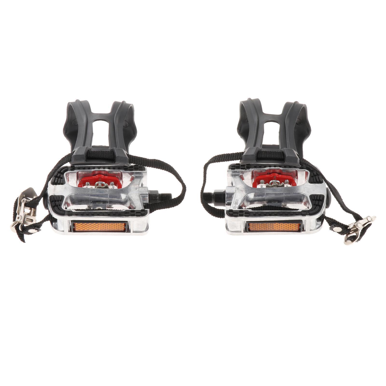 Bike Pedal with Straps and Toe Clips for Outdoor Cycling and Indoor Exercise Bike, Replacement Alloy Multipurpose Bicycle Pedals