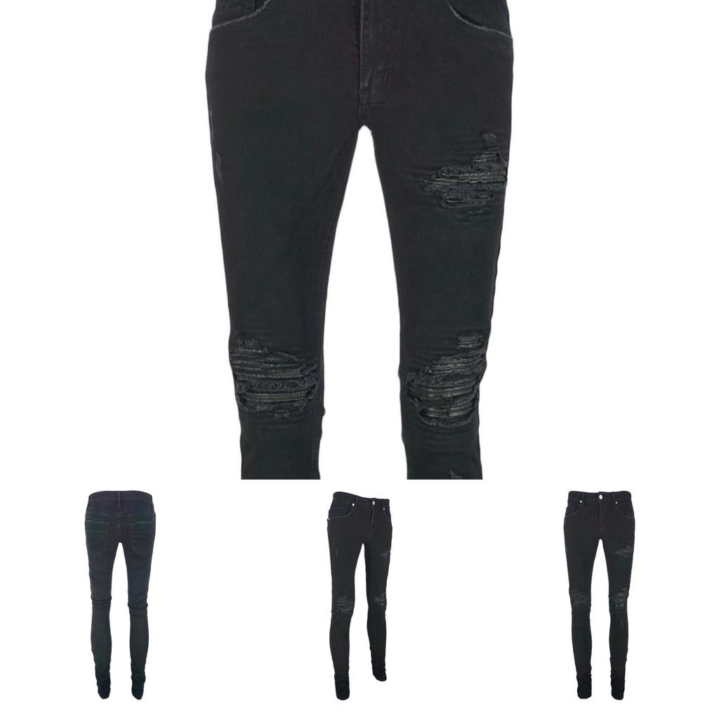 Quần Jean Nam The Luyn Black Màu Đen Rách Lỗ Lớn Gắn Da Bike Chất Cotton Co Giãn Không Phai Màu