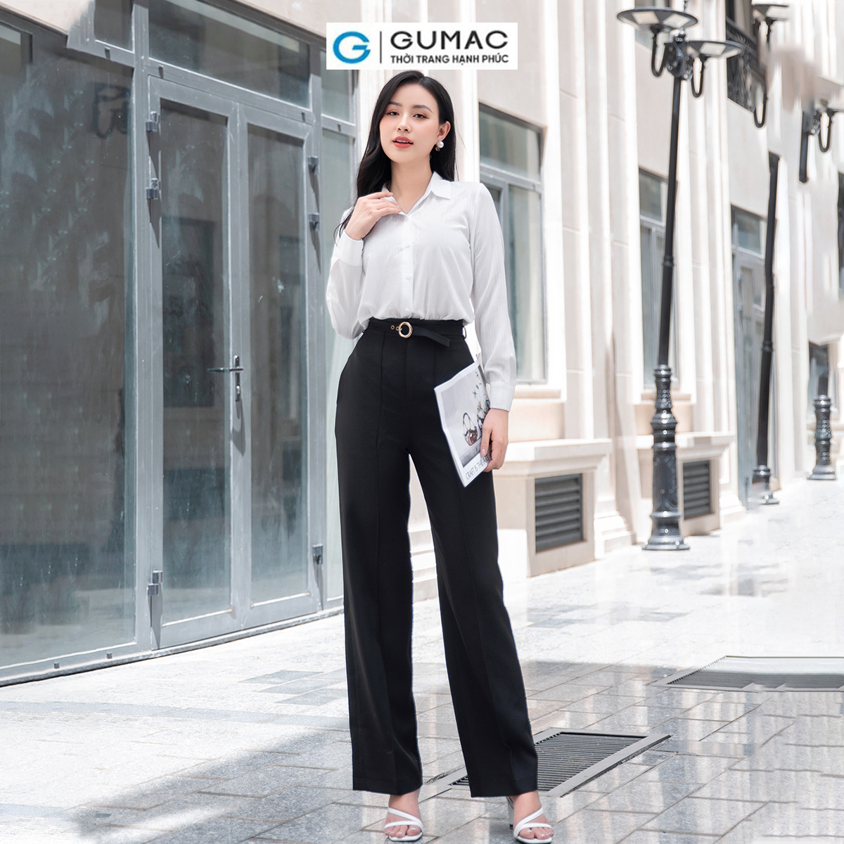 Quần nữ ống suông, lưng cao kèm dây thắt lưng nhỏ túi dọc ở 2 bên GUMAC QD09021
