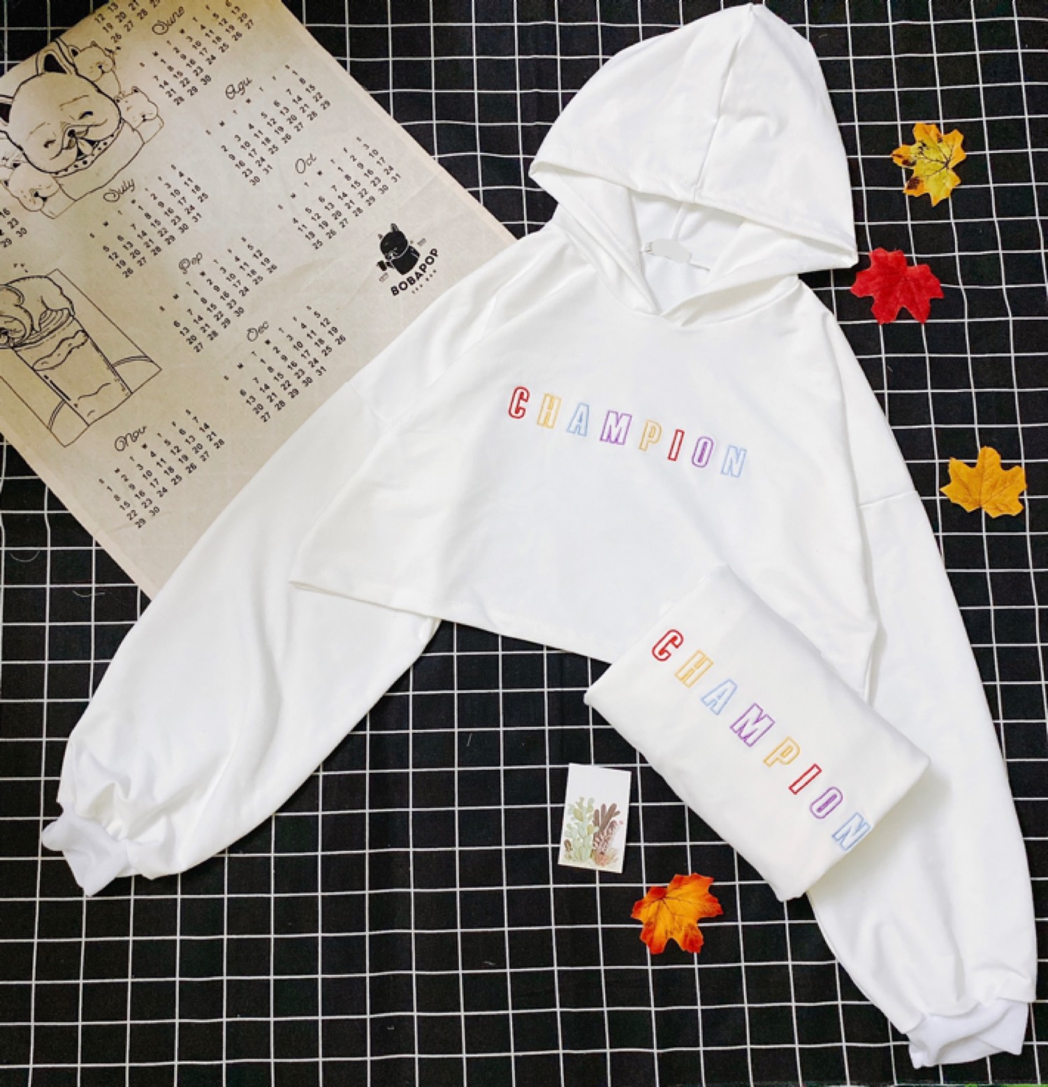 Áo croptop tay dài có nón form rộng (Nhiều Mẫu) - Chữ CHAMPION THÊU (Trắng)