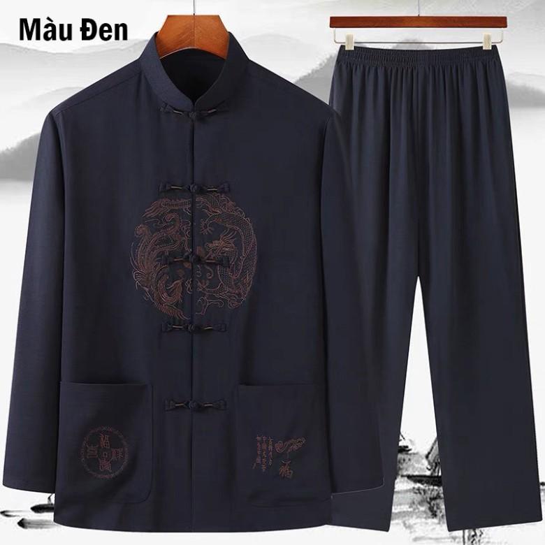 Mẫu Bộ Đũi Nam Trung Niên, Chuẩn Đũi Thái Mát Lạnh, Thêu Họa Tiết Rồng, Đủ Size Từ 45-95kg