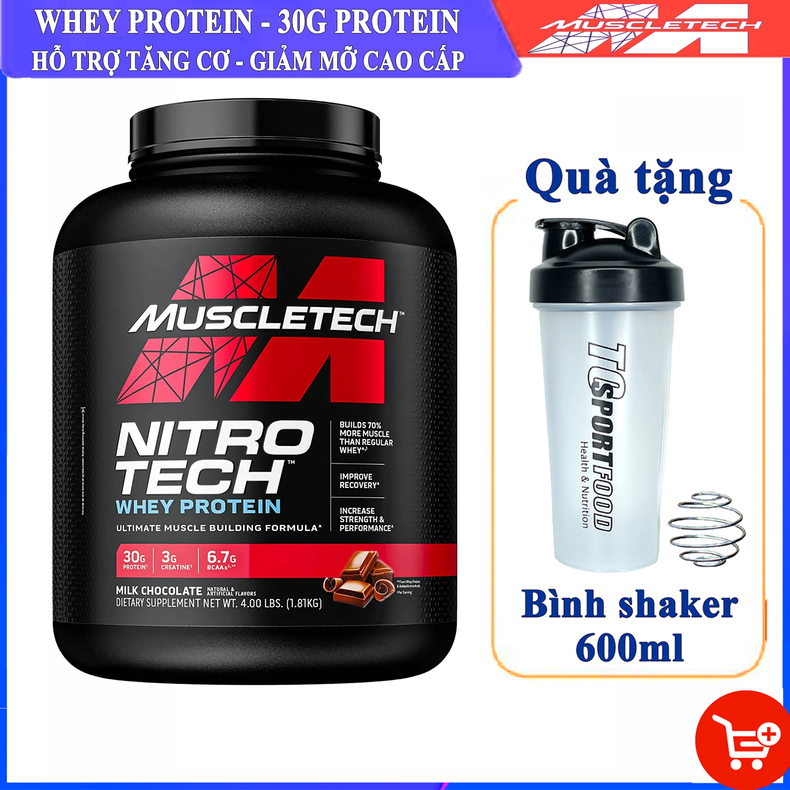 Combo Sữa tăng cơ cao cấp Whey Protein Nitro Tech của MuscleTech hương Chocolate hộp 40 lần dùng 4 LBS hỗ trợ tăng cơ, giảm cân, đốt mỡ cho người tập GYM & Bình lắc 600 ml (Màu Ngẫu Nhiên)