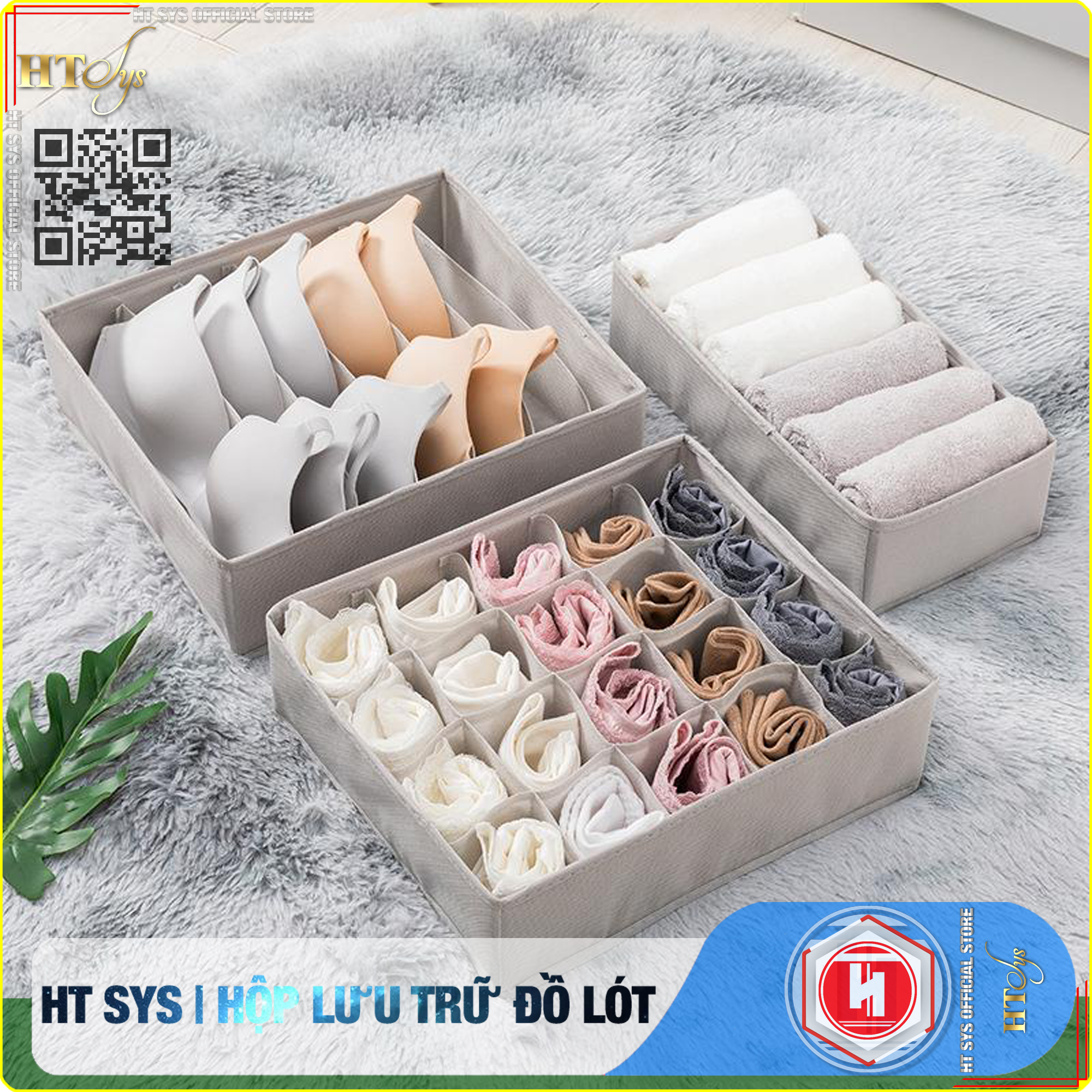 Combo 3 hộp vải đựng bảo quản đồ lót HT SYS - Khay đựng quần áo tất vớ bằng vải không dệt tiết kiệm diện tích 6, 7, 20 ngăn - Hàng Chính Hãng