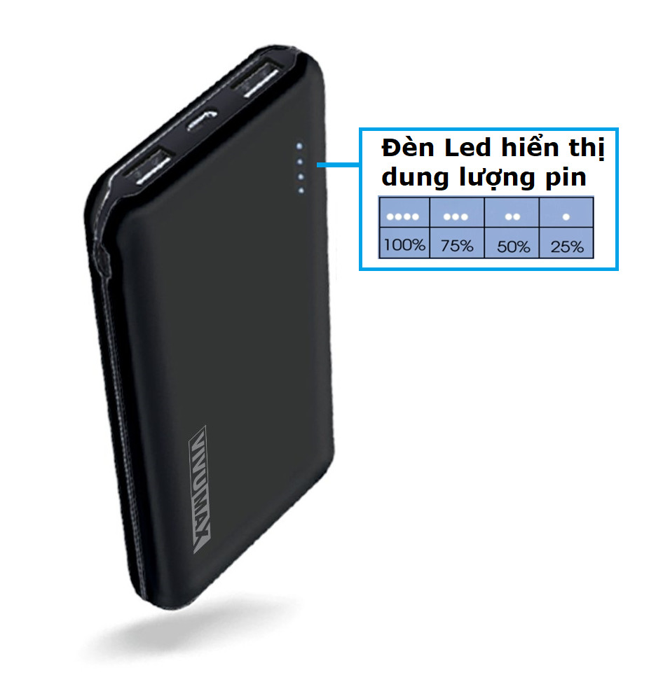 Pin dự phòng Vivumax PB10 với dung lượng 10.000 mAh – 2 cổng đầu vào (Micro &amp; Type-C), Pin Polymer, chất liệu PC chống cháy cao cấp – Hàng Chính Hãng