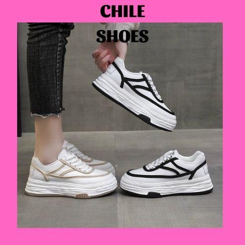 Giày Thể Thao Nữ Độn Đế Giày Sneaker Tăng Chiều Cao Sọc Kem Đen Sang Chảnh