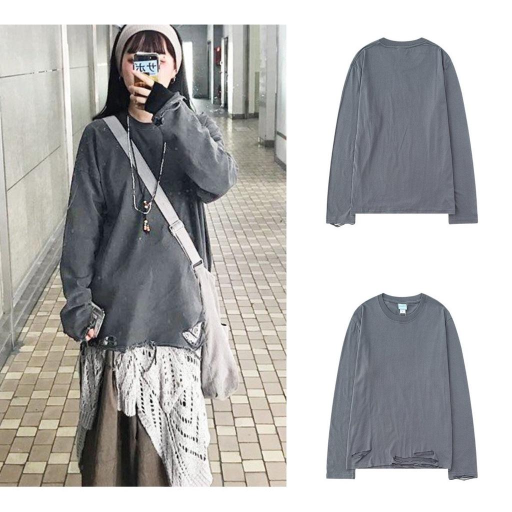 Áo dài tay rách gấu MEANSTORE phông Unisex nam nữ tee oversize form rộng pull Ulzzang Hàn Quốc vải mềm - Xám chì