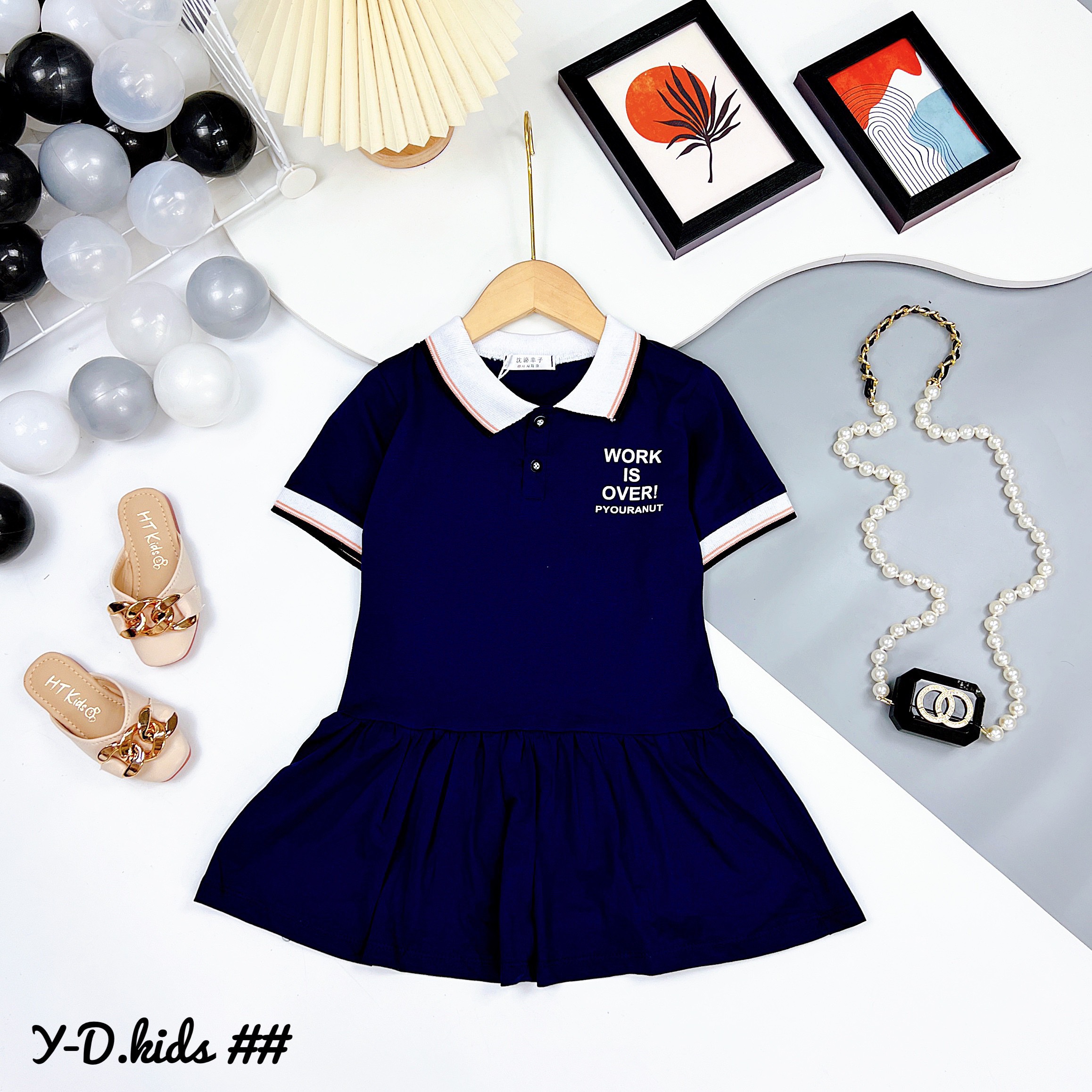Đầm Thun Cotton Ngắn Tay Cổ Bẻ Phong Cách Preppy Thời Trang Mùa Hè Cho Bé Gái