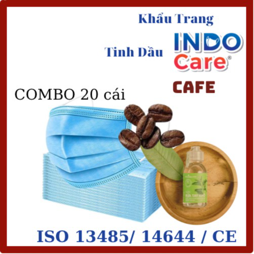 [ComBo Du Lịch 20] cái Khẩu Trang Tinh Dầu CAFE Chống Say Tàu Xe - Khử Mùi Hơi Thở INDO CARE / Kháng Khuẩn 99% 4 lớp + Chai Nước Rửa Tay Khô chiết xuất Lá Ổi 100ml