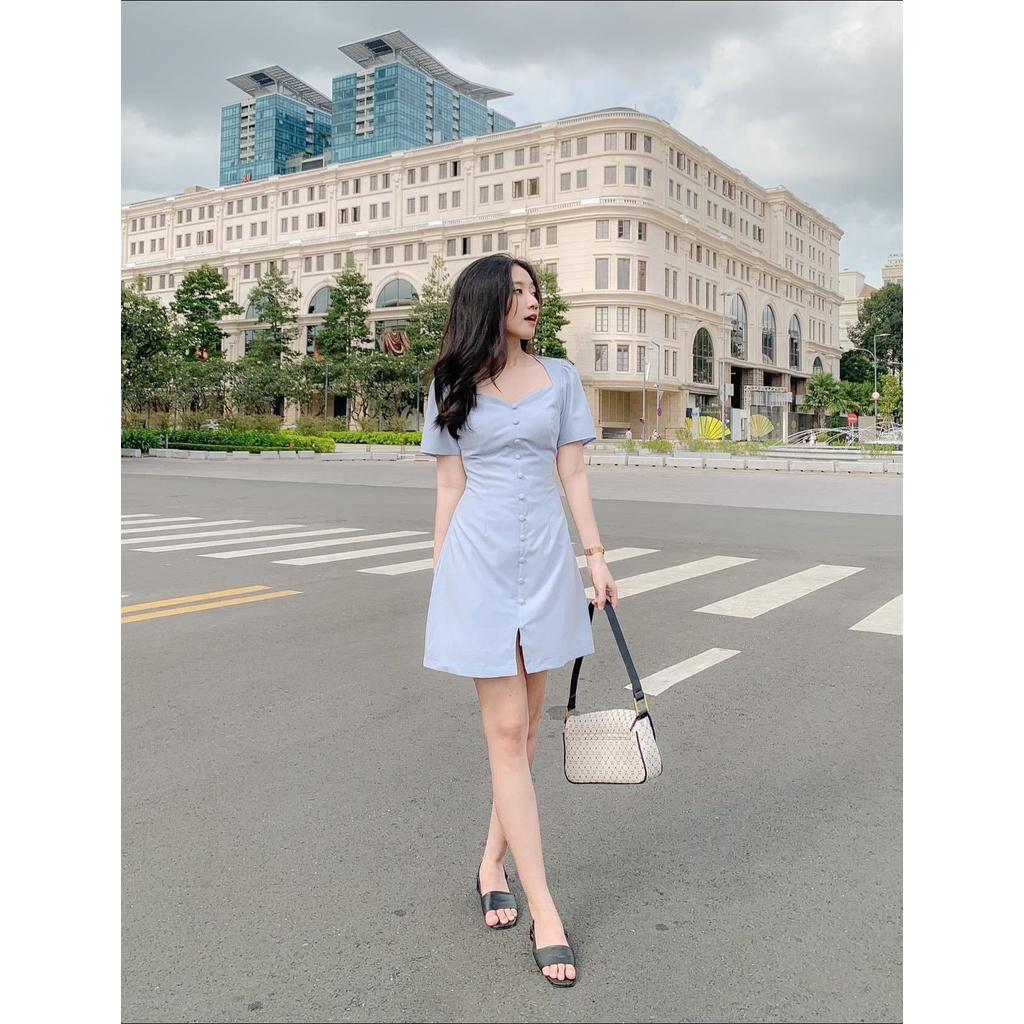 Váy Khuy Cúc Bọc Hở Lưng, Ôm Eo, Tôn Dáng, Màu Dịu Dàng