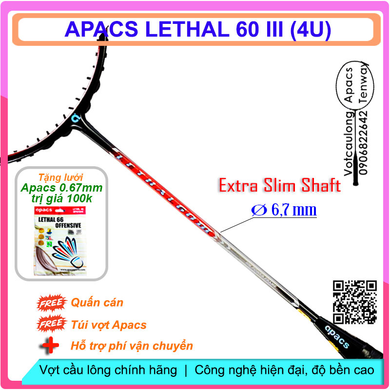[Vợt cầu lông Apacs Lethal 60 III Red Black-4U]_Vợt cân bằng thân đũa cứng, chất liệu cao cấp High Japan Carbon Graphite