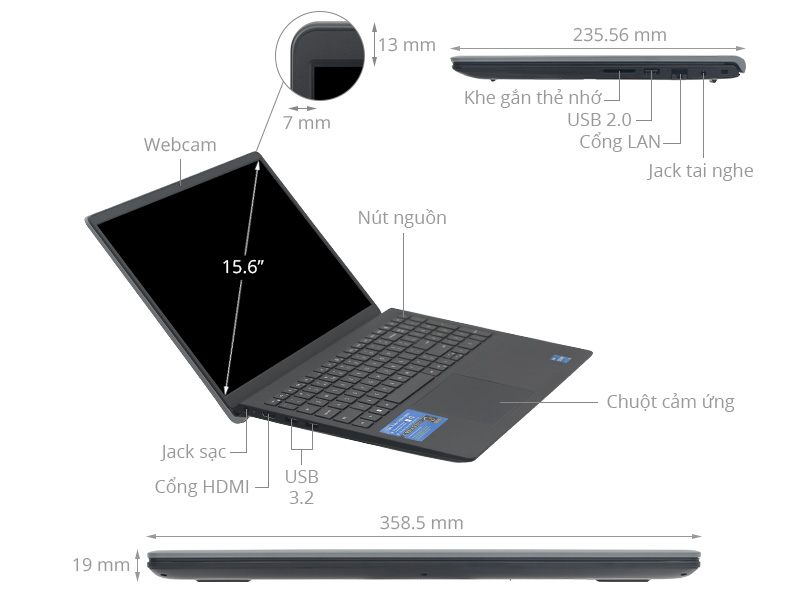 Laptop Dell Vostro 3520 (Intel Core i5-1235U/8GB RAM/512GB SSD/15.6 inch FHD 120Hz/Dos/Xám) - Hàng Nhập Khẩu