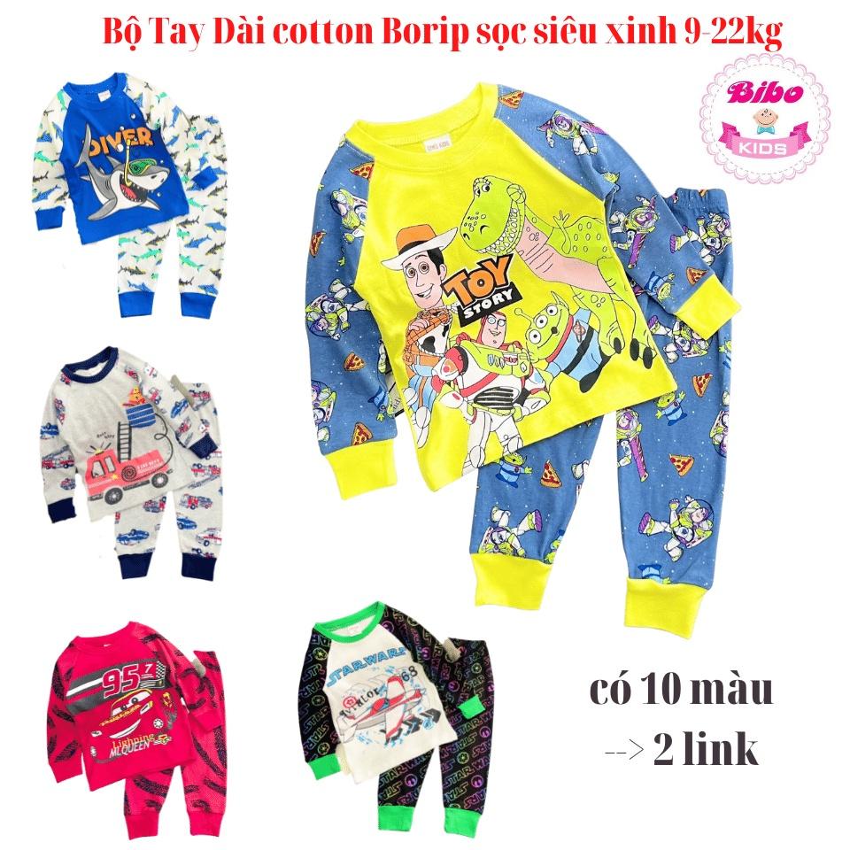 Bộ dài tay bé trai thun cotton borip xuất dư mềm mịn, in hoạt hình siêu cưng, Bộ đồ ngủ- đồ thu đông cho bé