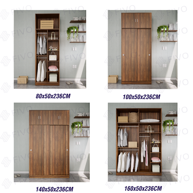 Tủ Áo Quần Cửa Lùa Sang Trọng Gỗ MDF Lõi Xanh Chống Ẩm FC31 FIVO Màu Walnut Ấm Cúng Cho Phòng Ngủ, Thiết Kế Rộng Rãi