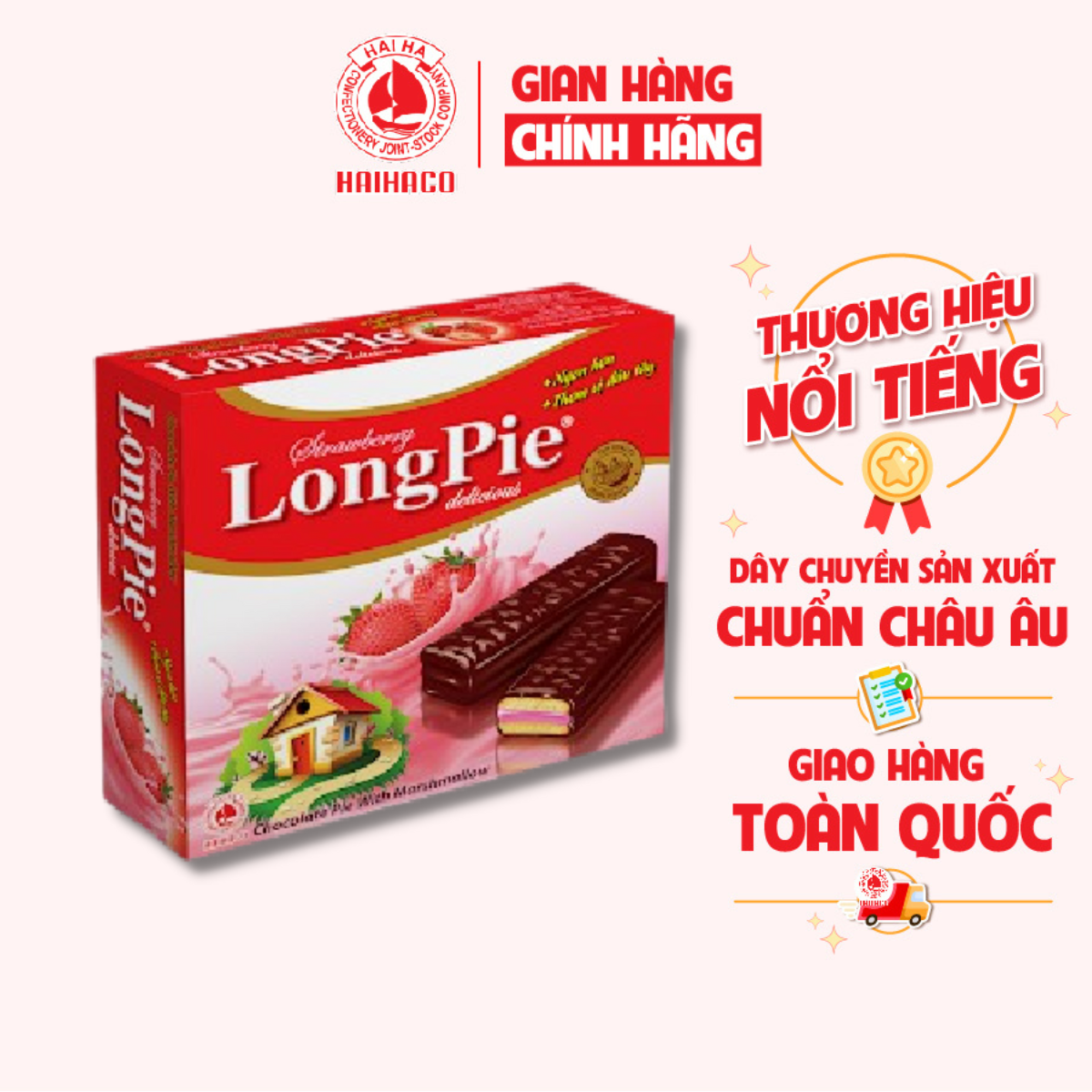 Bánh Mềm Nhân Hương Dâu Phủ Socola LongPie HẢI HÀ ( Hộp: 288g) - Hàng chính hãng