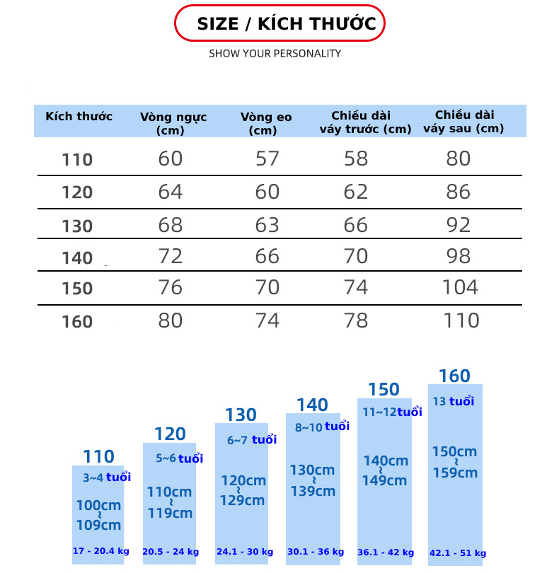 Váy đầm bé gái dễ thương, váy đuôi dài dự tiệc cho bé từ 6-12 tuổi màu xanh dương - size 160 ( 42.1 - 51 kg)