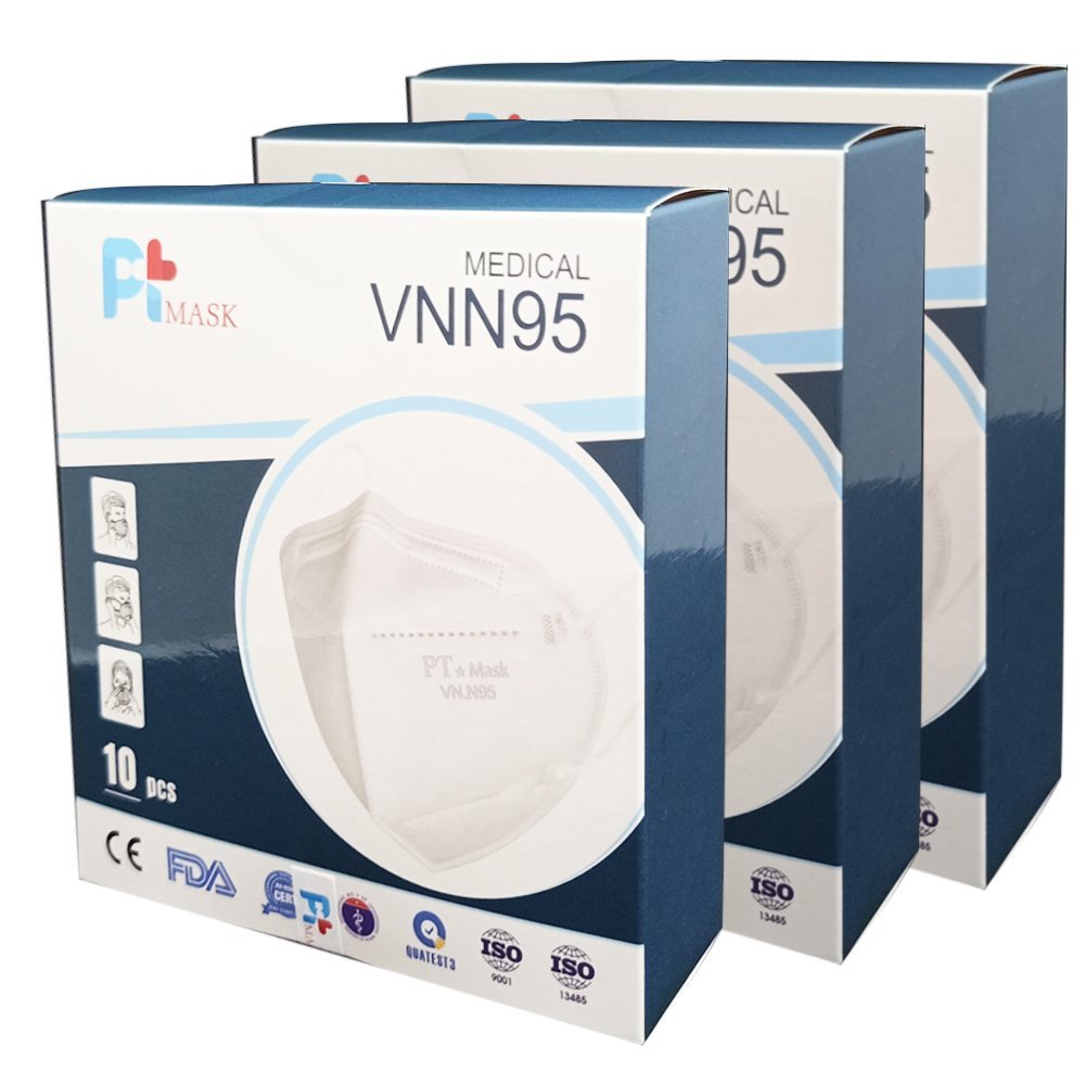 Hộp 10 Cái Khẩu Trang VNN95, Có Bông, kháng Khuẩn, Chống Bụi Siêu Mịn PM2.5, Màu Trắng - Đạt Các Chứng Chỉ ISO 13485, ISO 9001, CE, FDA, TGA.