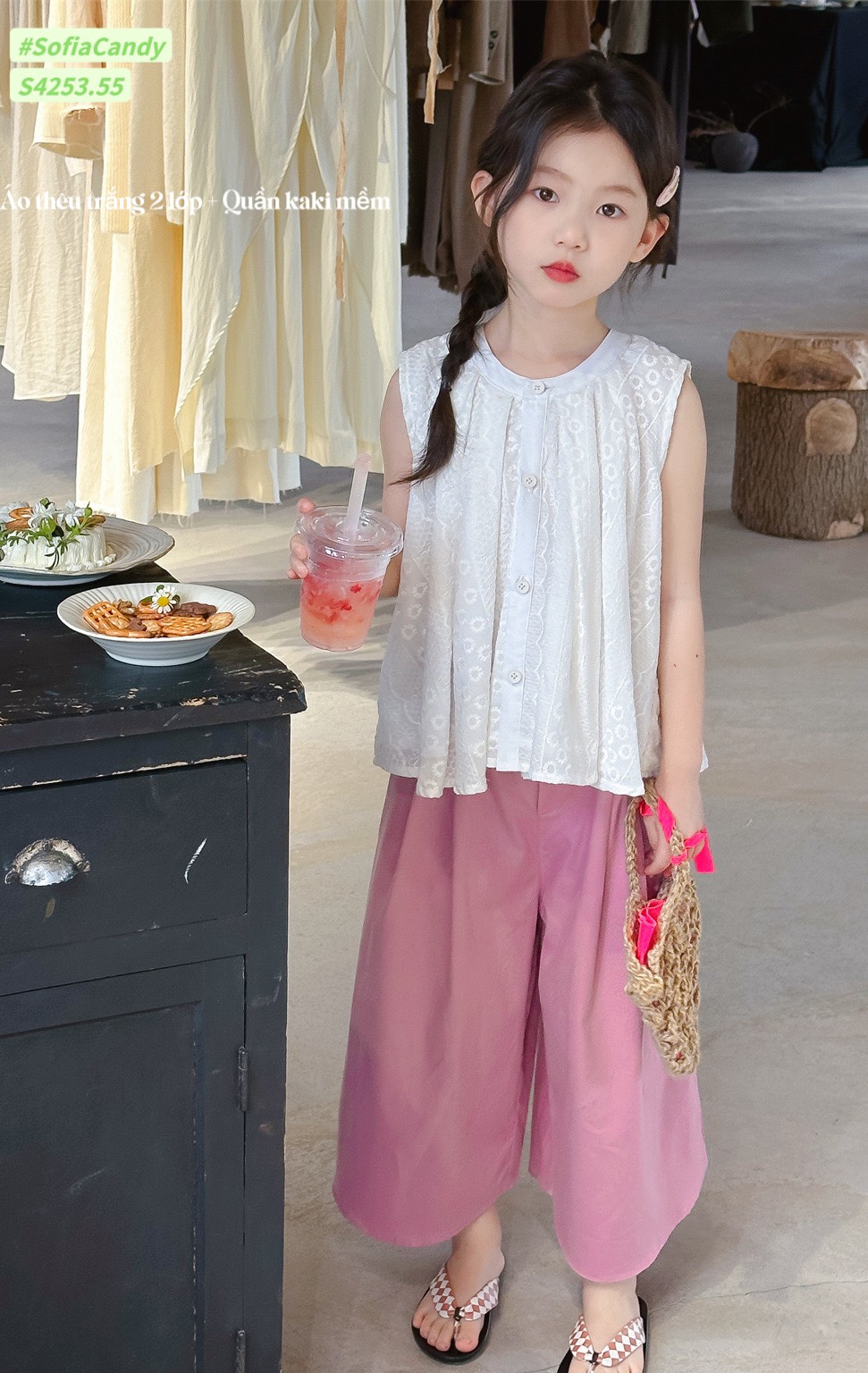 [Từ 1 đến 12 tuổi] Sét bộ tiểu thư trắng hồng bé gái thô cotton Hàn quần kaki áo thêu đi học đi chơi đến 40kg