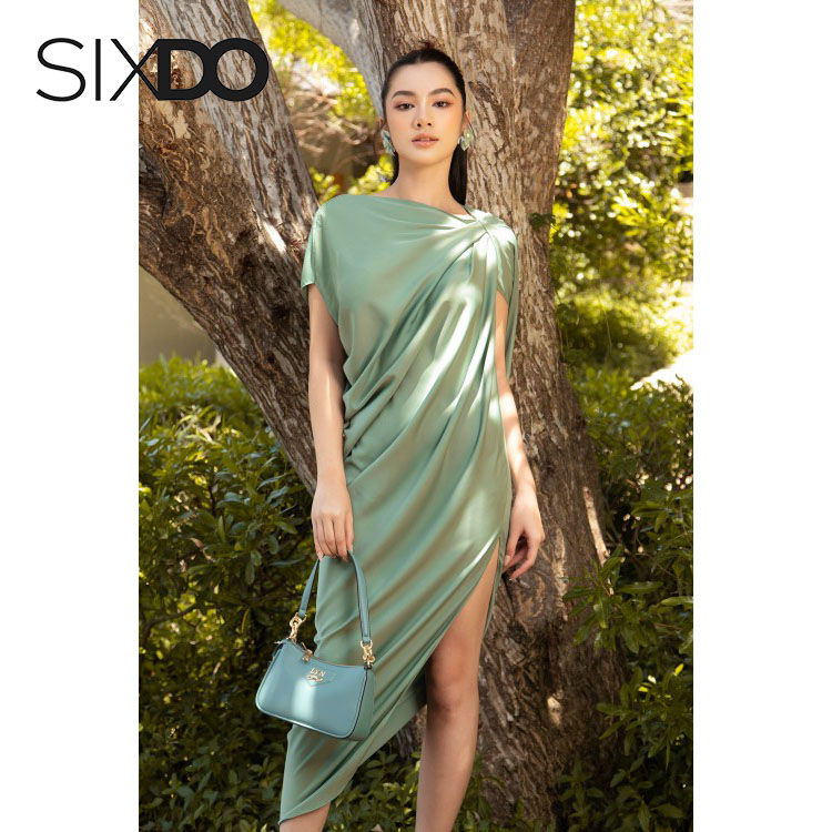 Đầm suông lụa nhún vai thanh lịch thời trang nữ SIXDO