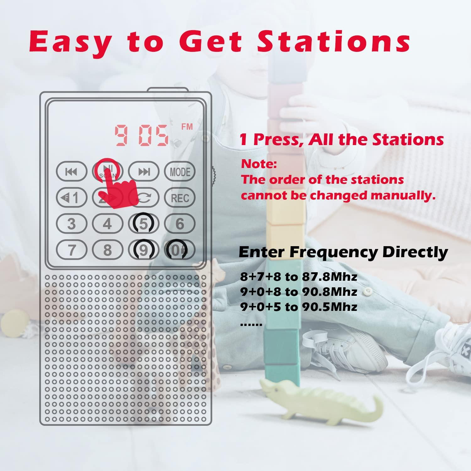 Đài phát thanh nhỏ có thể sạc lại FM di động, đài phát thanh kỹ thuật số MP3 với máy ghi âm, SD/TF/AUX, pin di động với pin có phím khóa để chạy bộ, đi bộ, du lịch