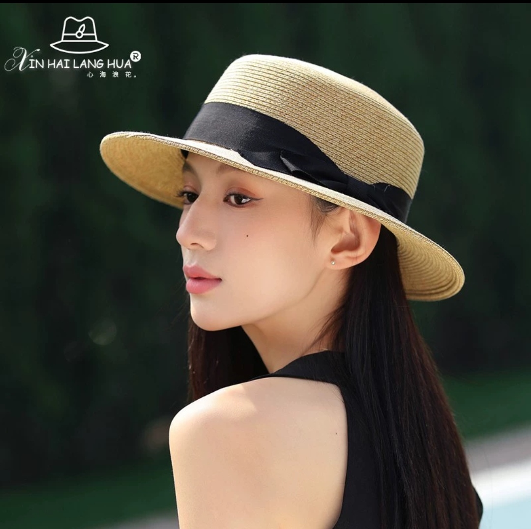 Nón vành nhỏ fedora chất liệu cói mũ rộng vành đi biển phối nơ đai đen thời trang Hàn Quốc Chất liệu cói thoáng mát Kích thước vành rộng 5cm