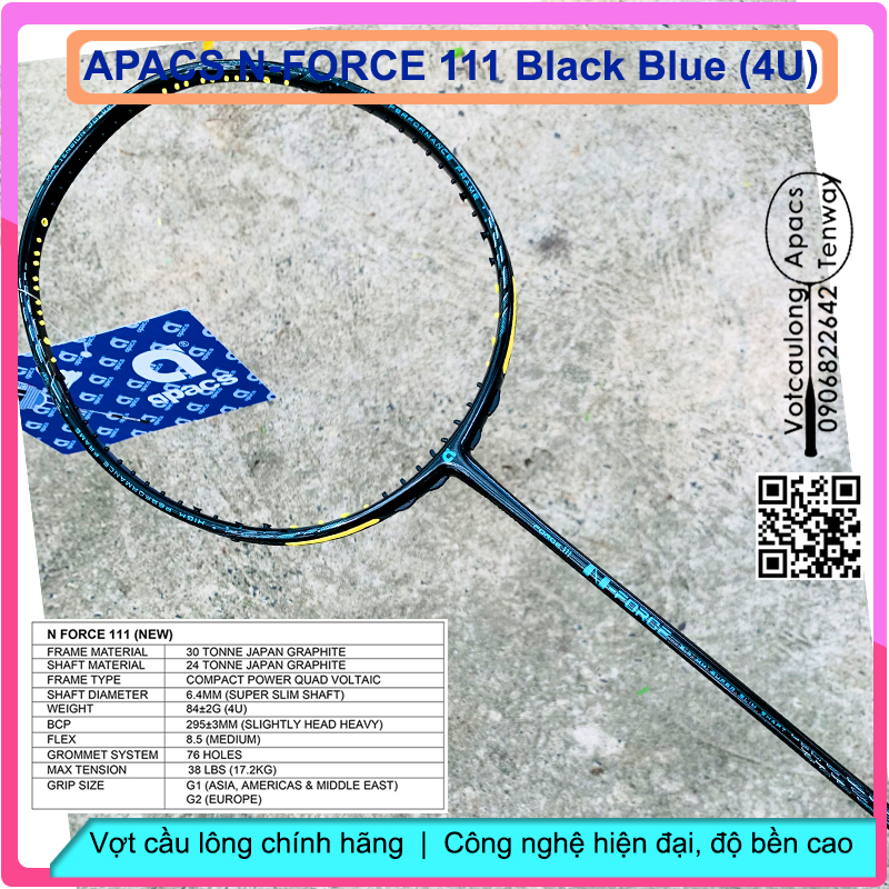 Vợt cầu lông Apacs N-Force 111 Black Blue - 4U (NEW) Vợt chuyên công, thân đũa chống cản gió