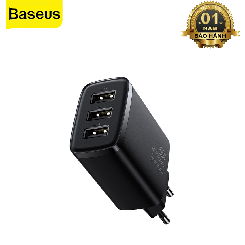 Củ Sạc Điện Thoại Baseus Compact Charger 3 Cổng USB 17W Điện Áp Từ 100V Cho Đến 240V - Hàng Chính Hãng