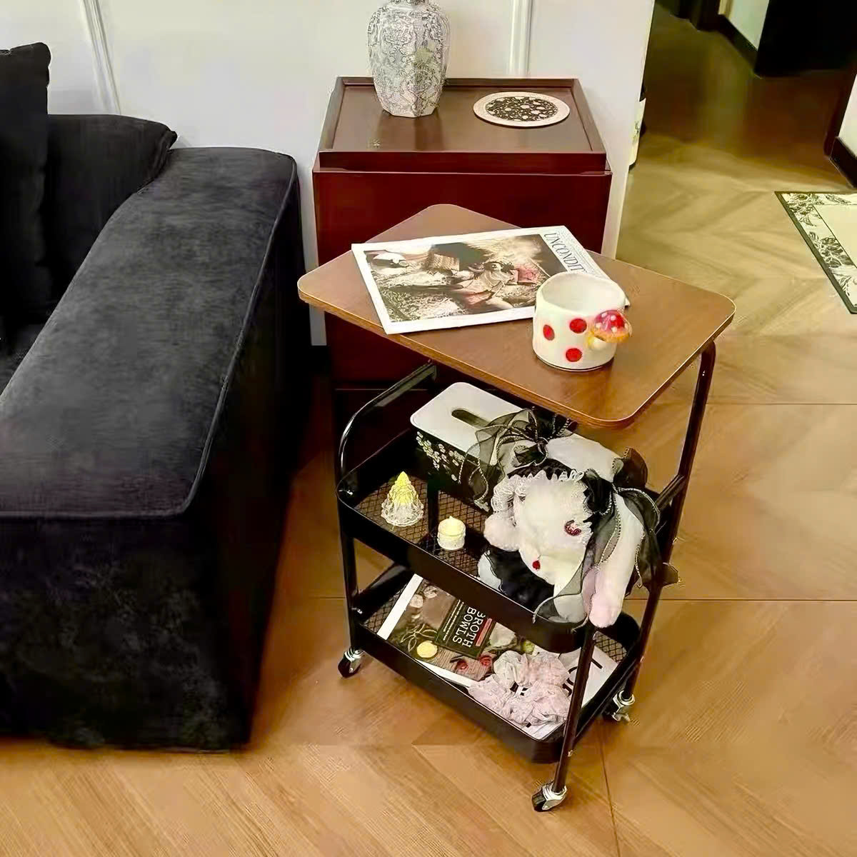 Kệ Đẩy 3 Tầng Mặt Gỗ Đa Năng, Kệ Đựng Đồ Spa, Showrom, Nhà Bếp Đồ Khô Có Bánh Xe