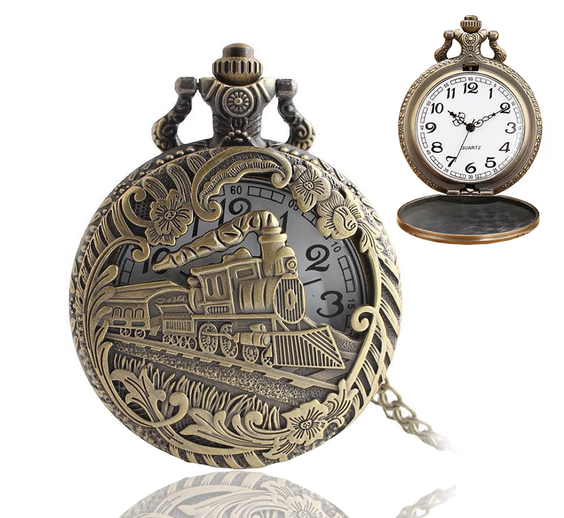 Đồng hồ túi thạch anh cổ điển, đồng hồ bỏ túi steampunk nam với dây chuyền, đồng hồ đầu máy rỗng