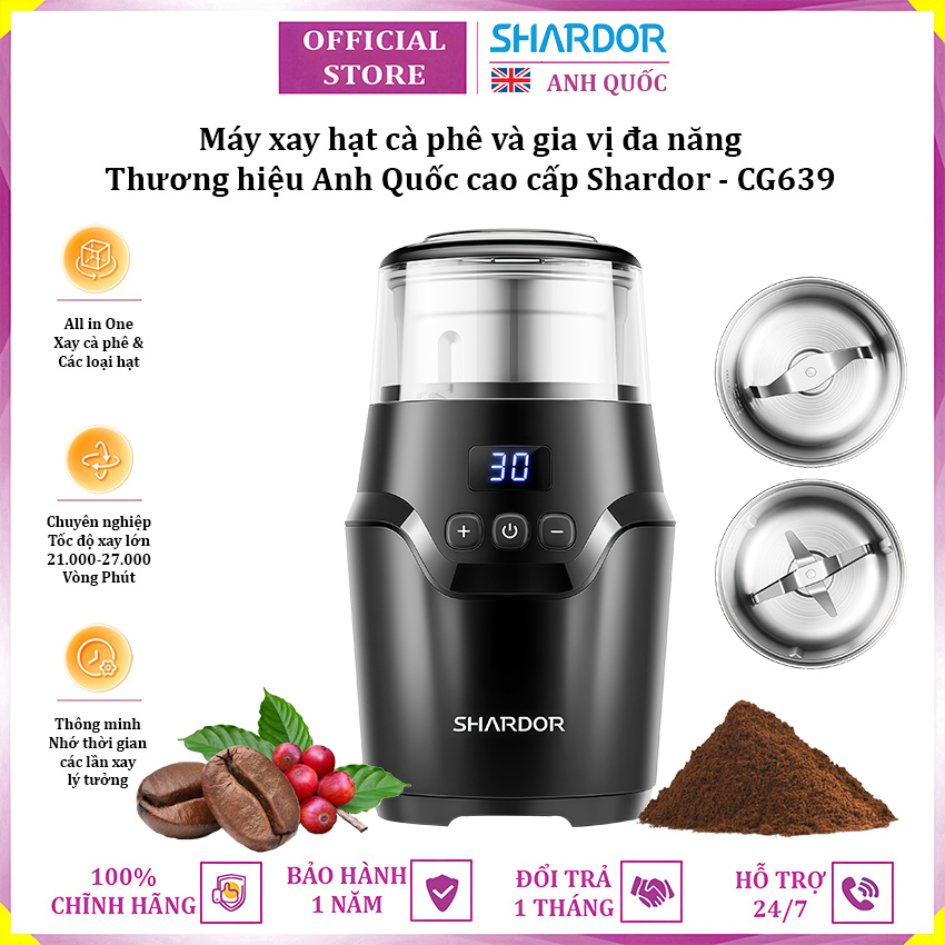 Máy xay hạt cà phê và gia vị đa năng thương hiệu Anh Quốc cao cấp Shardor CG639 điều chỉnh độ mịn - Hàng nhập khẩu