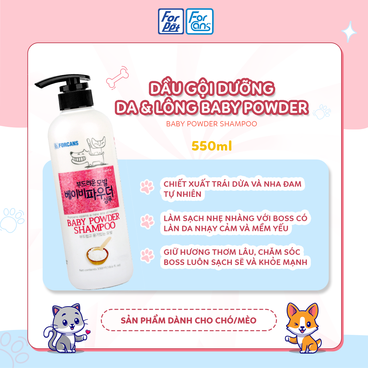 Dầu Gội Dưỡng Da Và Lông Baby Powder Cho Thú Cưng Forcans 550ml