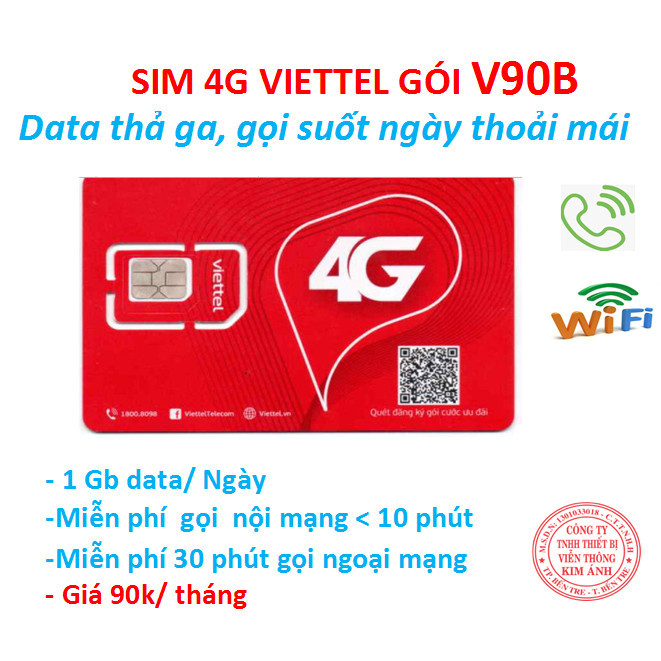 Sim nghe gọi Viettel dùng mãi mãi gói V90B  ưu đãi 1GB/ Ngày + gọi nội mạng dưới 10 phút chỉ 90.000đ, Hàng chính hãng