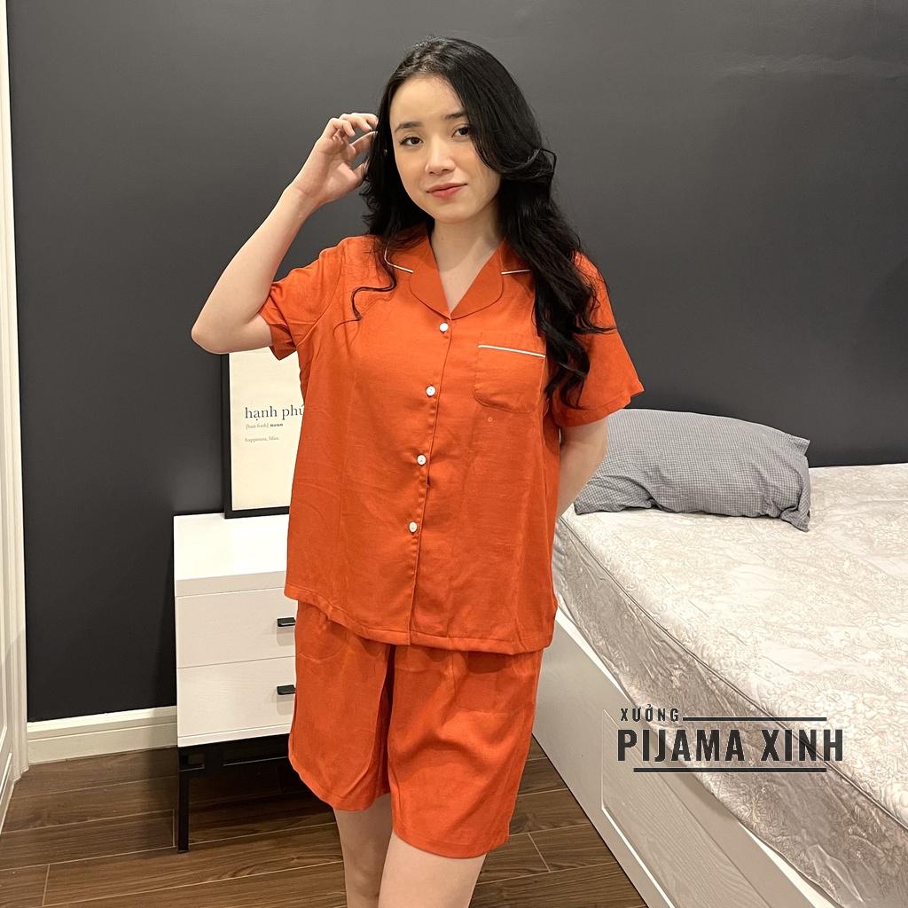 Đồ Ngủ - Bộ Pijama Cộc Quần Đùi Chất Liệu Đũi Màu Cam Cháy Siêu Hot
