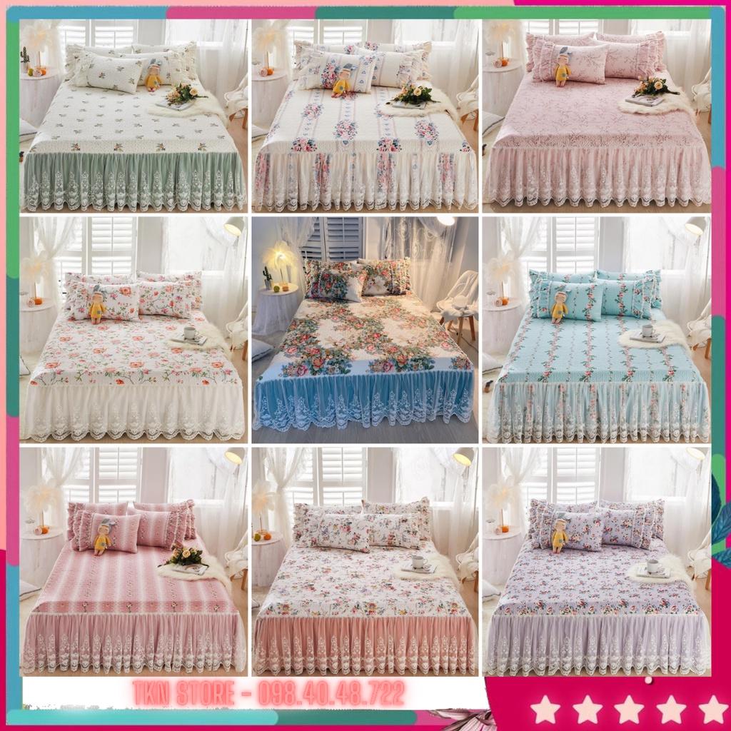 Bộ Ga Gối Phủ Cotton Trần Bông 3 Lớp - Ga Phủ Viền Bèo Đính Ren Công Chúa Hàng Nhập Khẩu