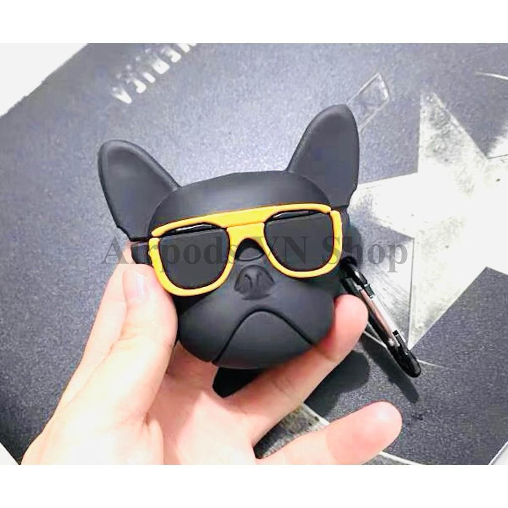 Bao Case Ốp dành cho Airpods 1/2 & Airpods Pro bulldog mang kính vàng siêu chất silicon cao cấp