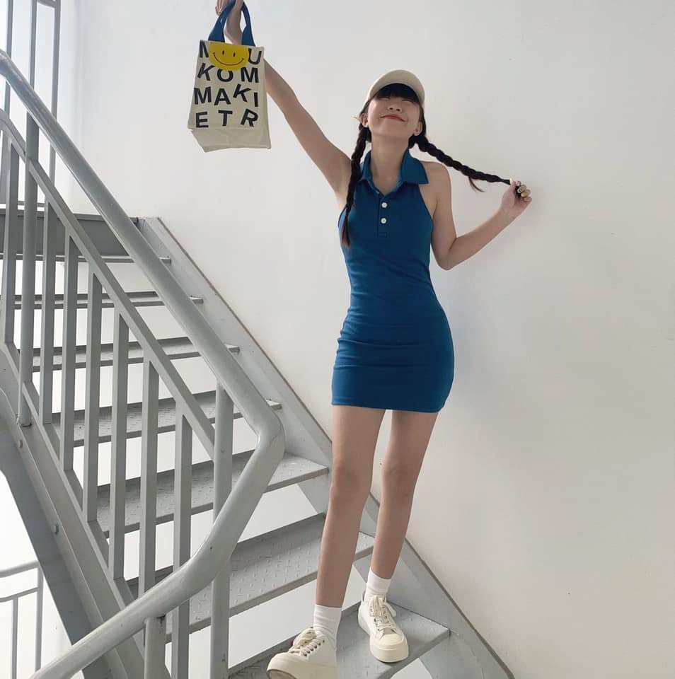 Đầm body thun ôm dáng cổ polo xanh dương năng động cá tính vải thun gân thời trang dành cho nữ carrotxinhdep